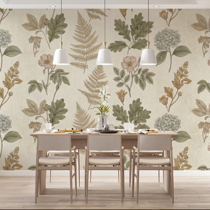 A peaceful home office space styled with a traditional botanical fern mural.