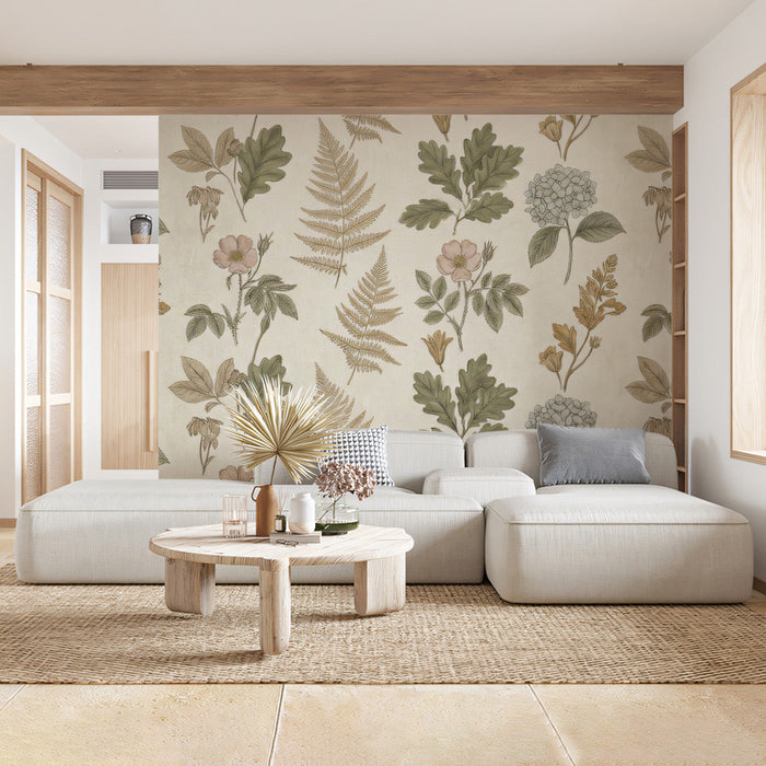 A cozy bedroom featuring a vintage floral botanical mural on the main accent wall.