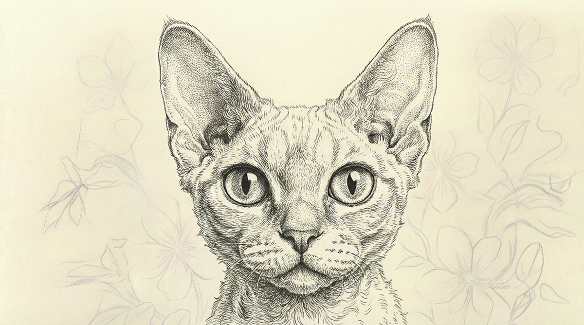 Intricate ink sketch of a Devon Rex cat with large ears surrounded by faint floral line art on cream background