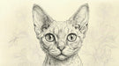 Intricate ink sketch of a Devon Rex cat with large ears surrounded by faint floral line art on cream background