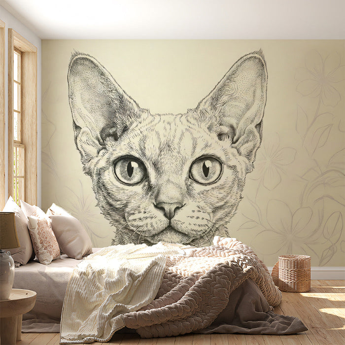 Artistic cat portrait wallpaper styled in a contemporary library or study with bookshelf background