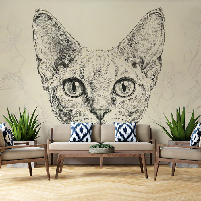 Close-up of the cat mural installed in a minimalist home office with dark wood desk and neutral decor