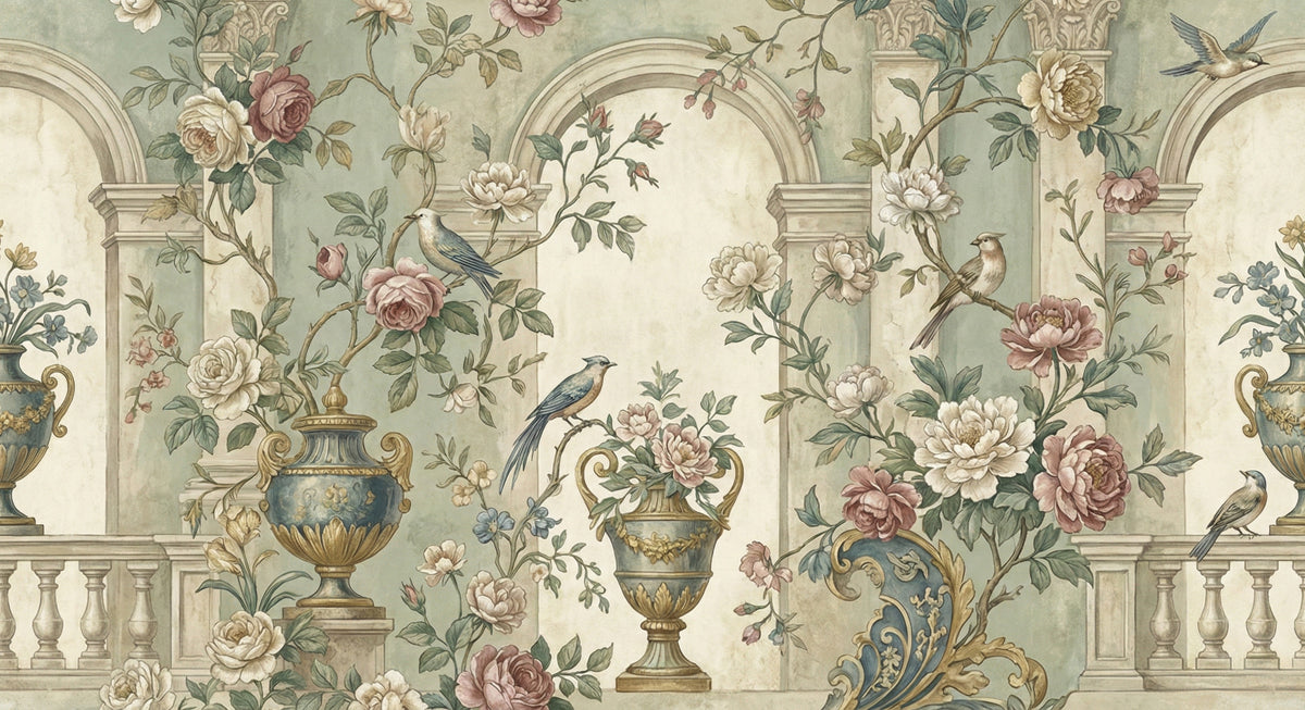 Renaissance mural wallpaper showing stone arches, ornate urns, roses, peonies, and small songbirds in sage and rose.