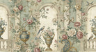 Renaissance mural wallpaper showing stone arches, ornate urns, roses, peonies, and small songbirds in sage and rose.