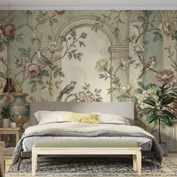 Sophisticated home office or study space decorated with classical architectural wallpaper and soft botanical details.