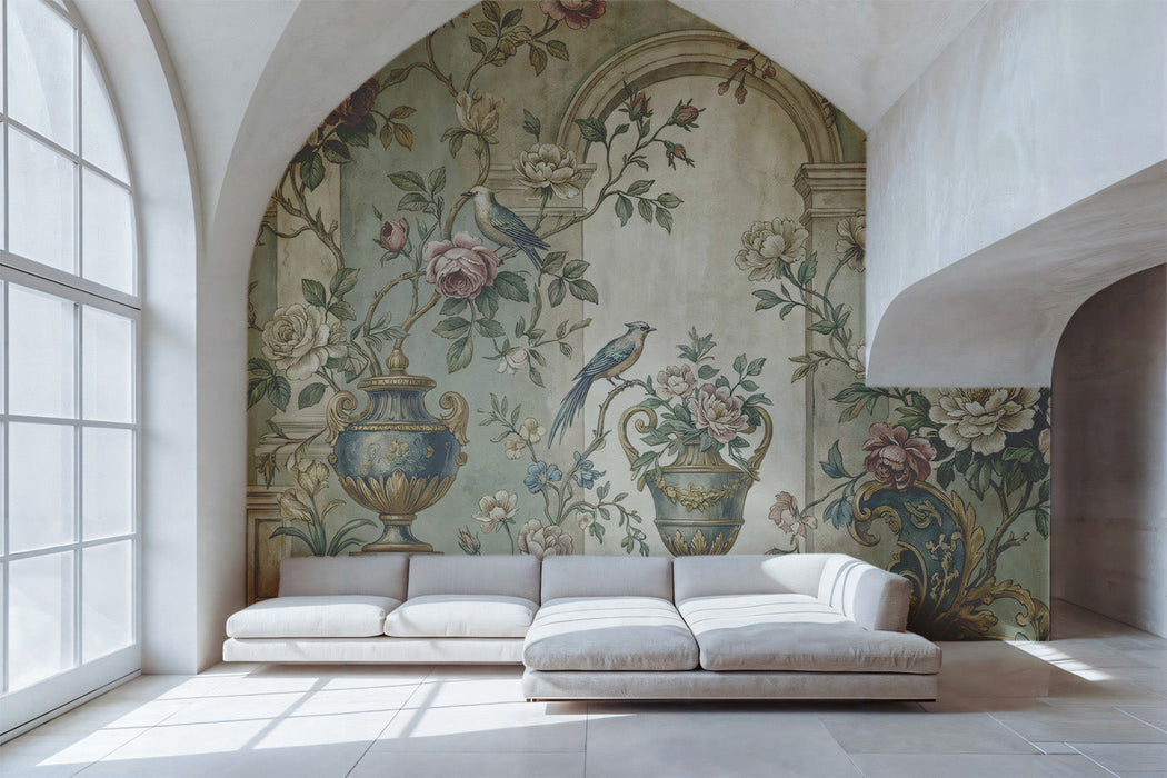 Traditional dining room with a grand architectural arch mural featuring soft floral vines and songbird motifs.