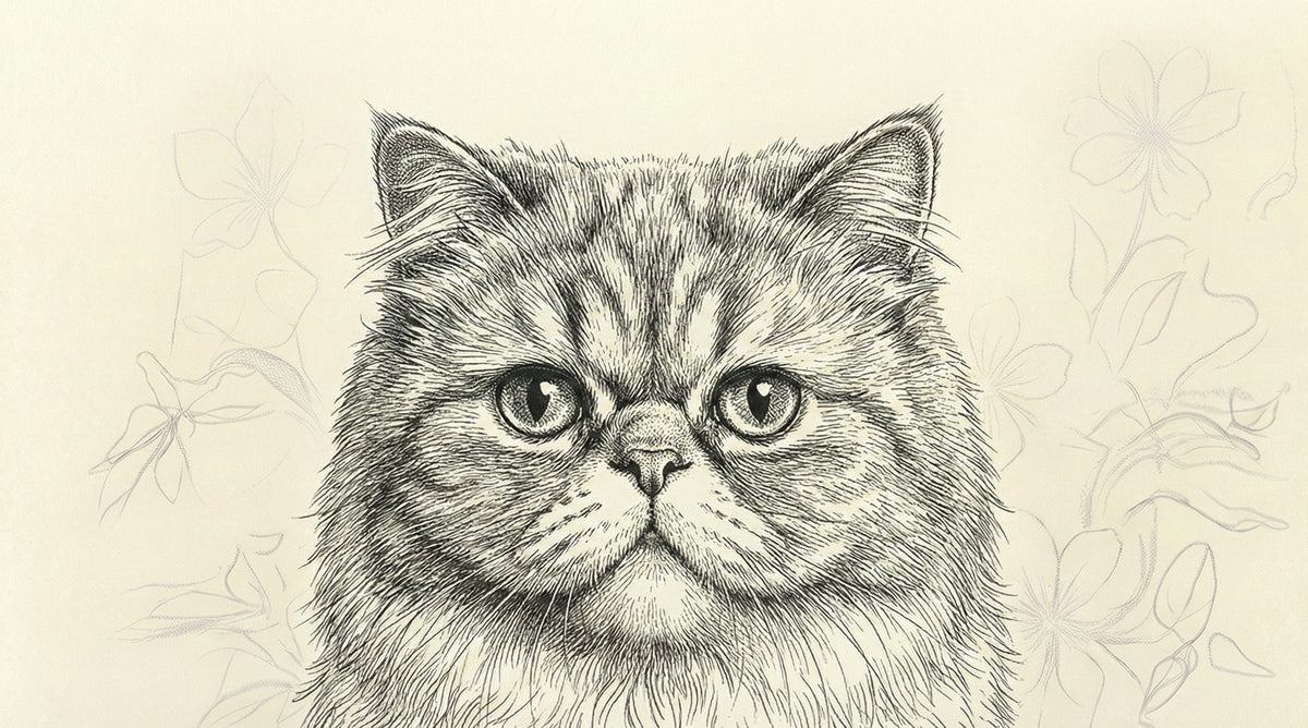 A detailed ink-style drawing of a cat portrait surrounded by faint floral sketches on a parchment background.