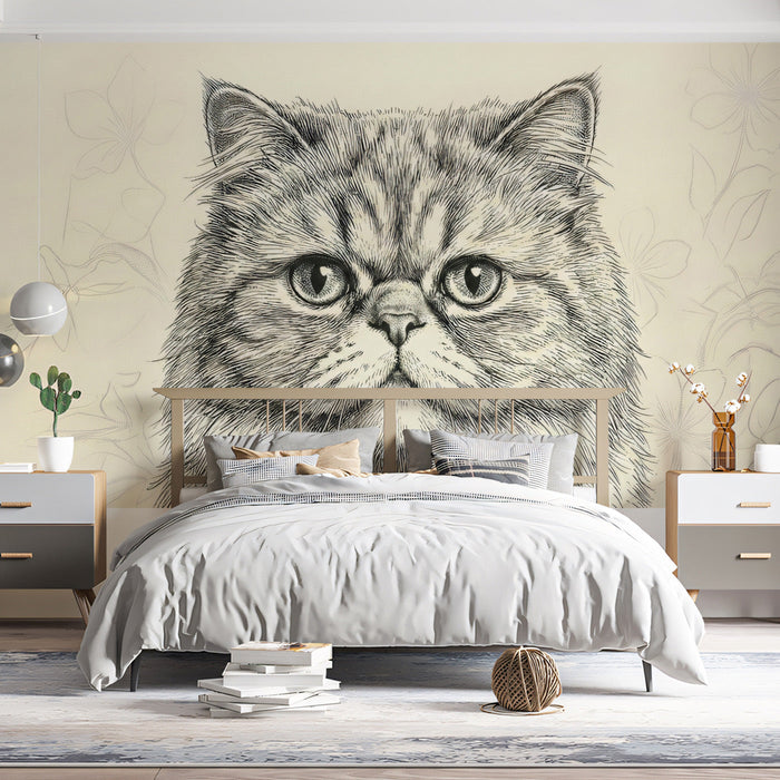 A stylish reading nook with the feline line art mural providing a sophisticated artistic backdrop.