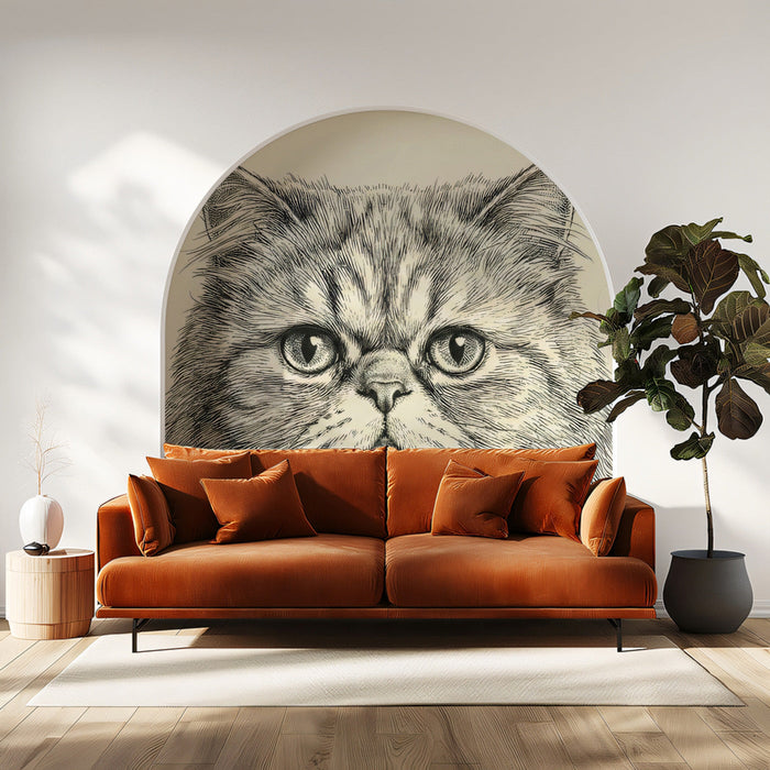 A cozy home office featuring the hand-drawn cat mural behind a classic mahogany desk.