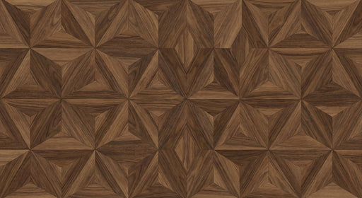 A geometric wallpaper pattern featuring a realistic walnut wood parquet design with dark brown and mocha grain details