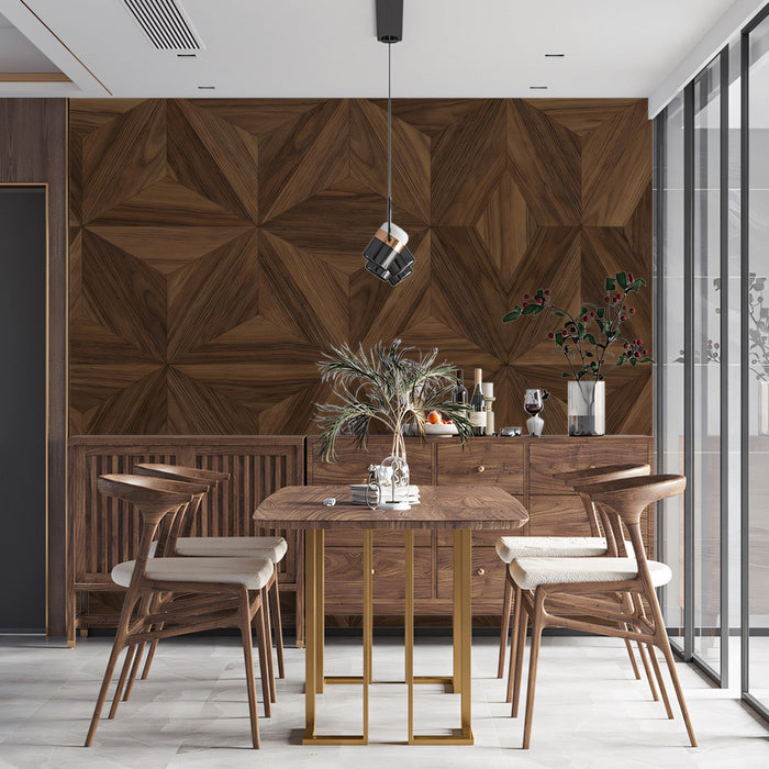 A formal dining room wall decorated with a high-end walnut wood effect mural for a warm and inviting atmosphere