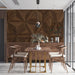 A formal dining room wall decorated with a high-end walnut wood effect mural for a warm and inviting atmosphere