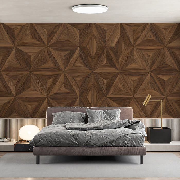 A sophisticated home office featuring the walnut parquet mural as a textured backdrop behind a mahogany desk