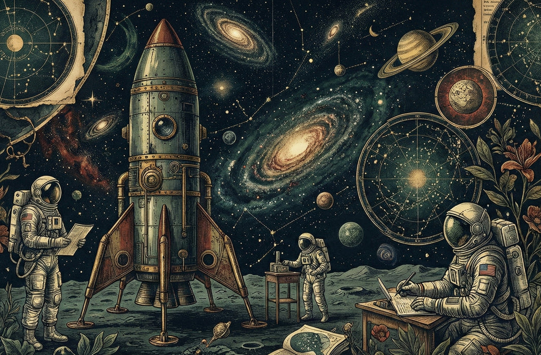 A vintage-style space mural featuring a retro rocket, astronauts working on a lunar surface, and intricate celestial maps.