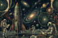 A vintage-style space mural featuring a retro rocket, astronauts working on a lunar surface, and intricate celestial maps.