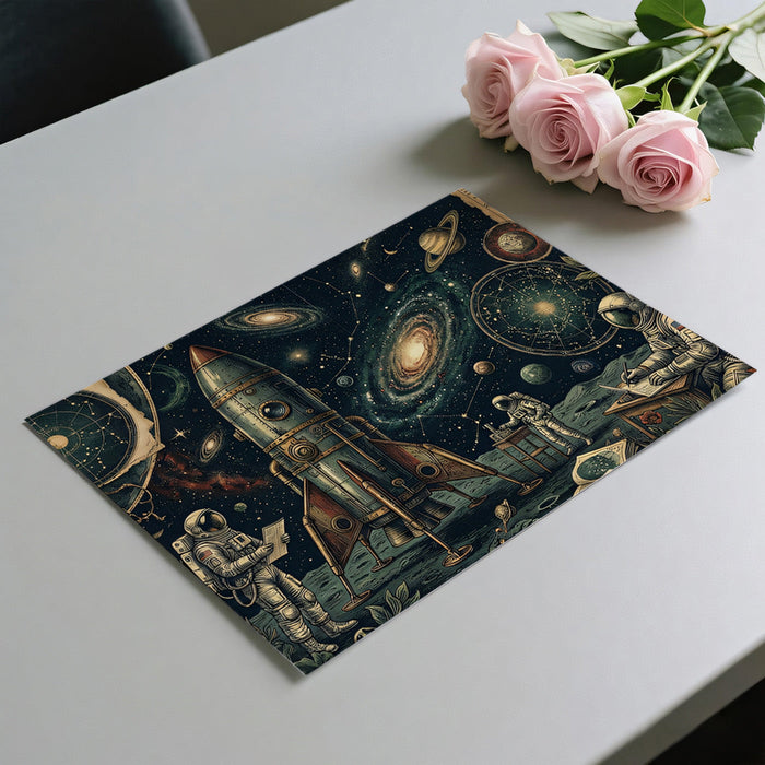 A cozy reading nook with a vintage astronaut wallpaper, surrounded by deep wood furniture and soft lighting.