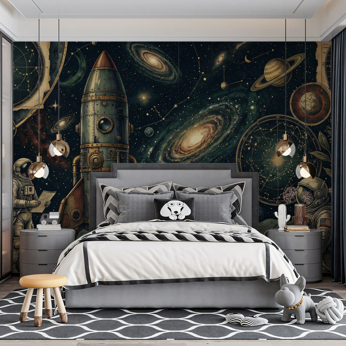A creative bedroom design featuring a dark celestial mural behind a minimalist metal bed frame.