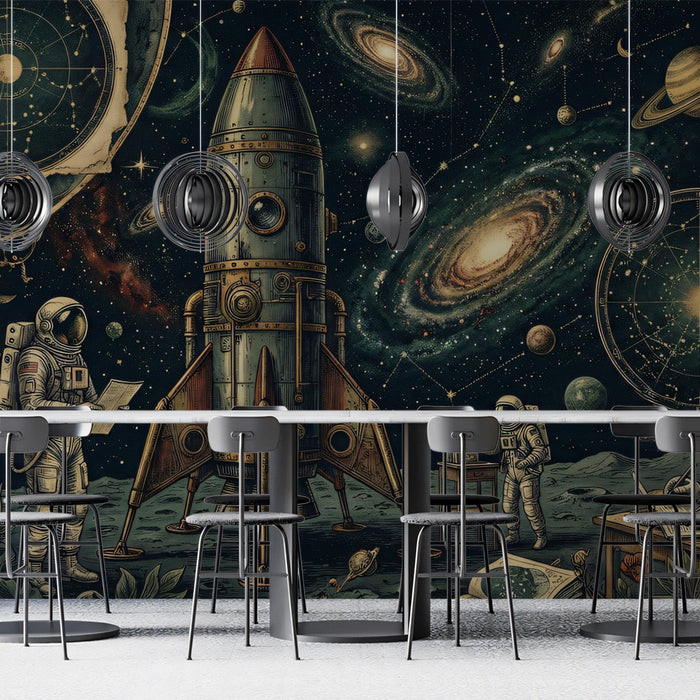 A sophisticated home office featuring a moody space-themed mural and warm brass desk accessories.