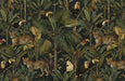 Jungle mural wallpaper with leopards, monkeys, toucans, and palm leaves in deep green and charcoal