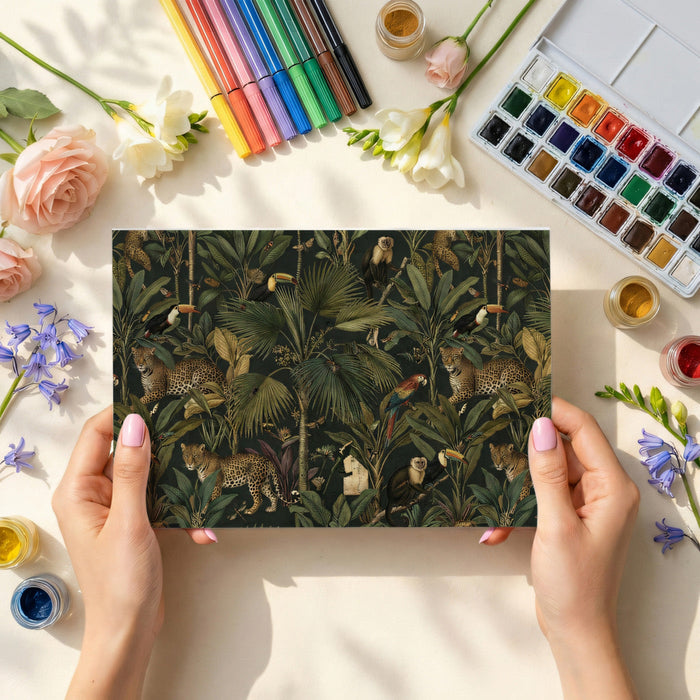 Jungle leopard and toucan wallpaper in a sophisticated home office study