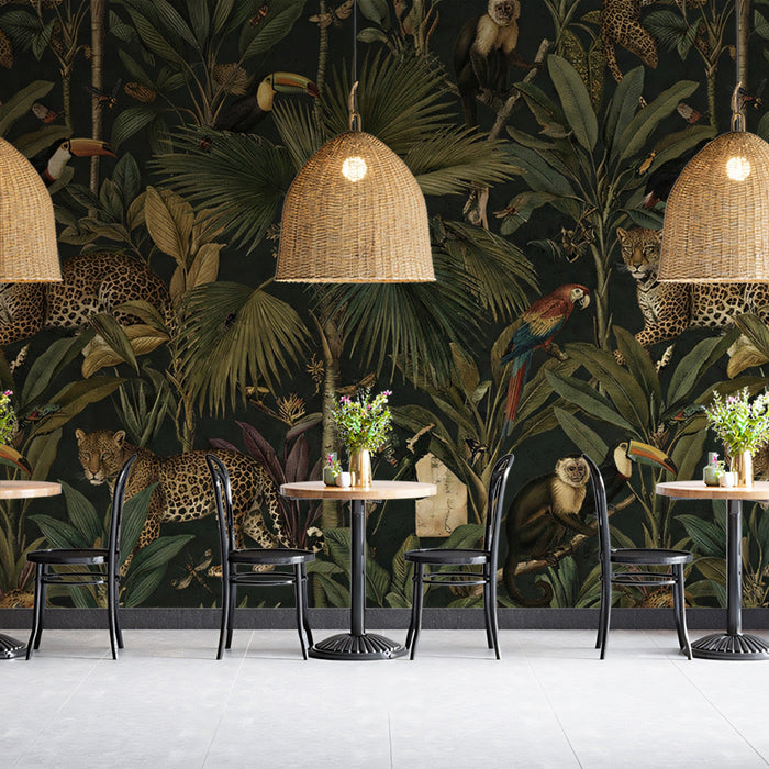 Dark botanical jungle mural featuring exotic animals in a modern dining room
