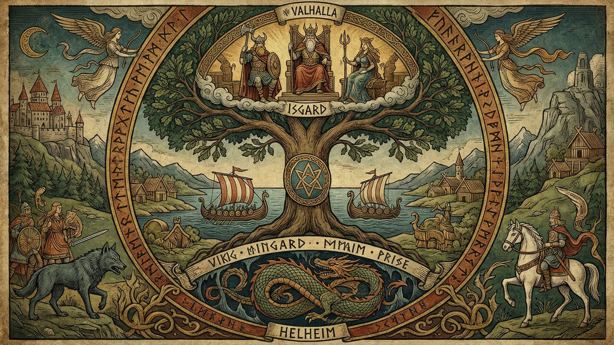 Intricate Norse mythology mural featuring the world tree Yggdrasil, Viking ships, and mythological creatures in sage and ochre