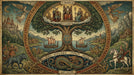 Intricate Norse mythology mural featuring the world tree Yggdrasil, Viking ships, and mythological creatures in sage and ochre