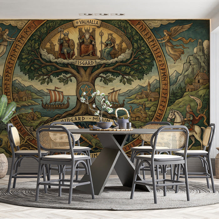 Scandinavian-inspired mural art displayed in a masculine study room with vintage decor