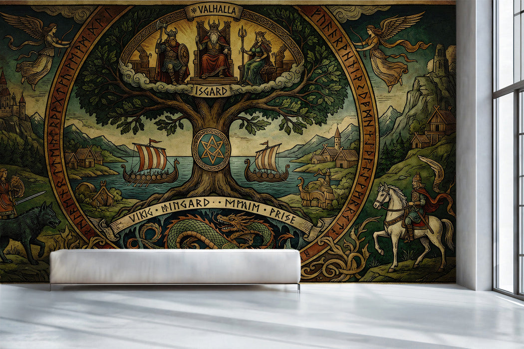 Detailed Norse mural installed on the feature wall of a moody home library with dark wood bookshelves