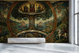 Detailed Norse mural installed on the feature wall of a moody home library with dark wood bookshelves