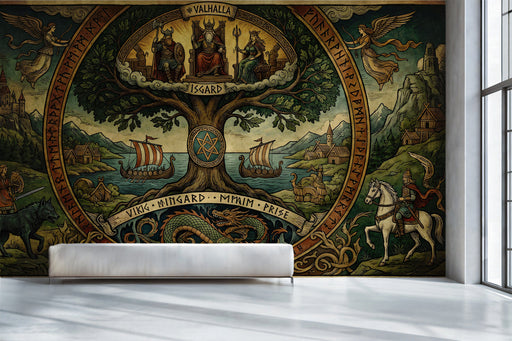 Detailed Norse mural installed on the feature wall of a moody home library with dark wood bookshelves