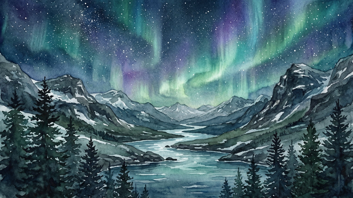 Watercolor mural of aurora borealis over snowy mountains and a river