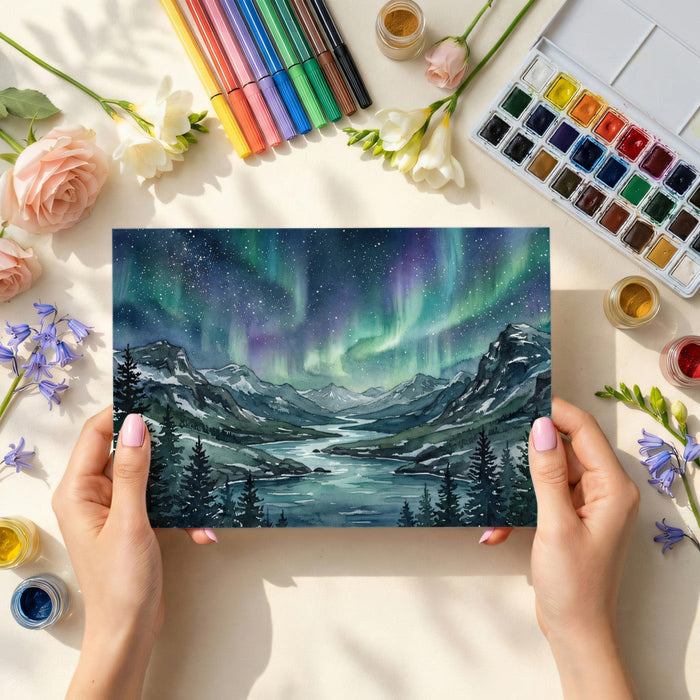 Cozy bedroom wall covered with a starry mountain landscape wallpaper