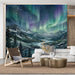 Home office wall showing a vast northern lights mountain mural