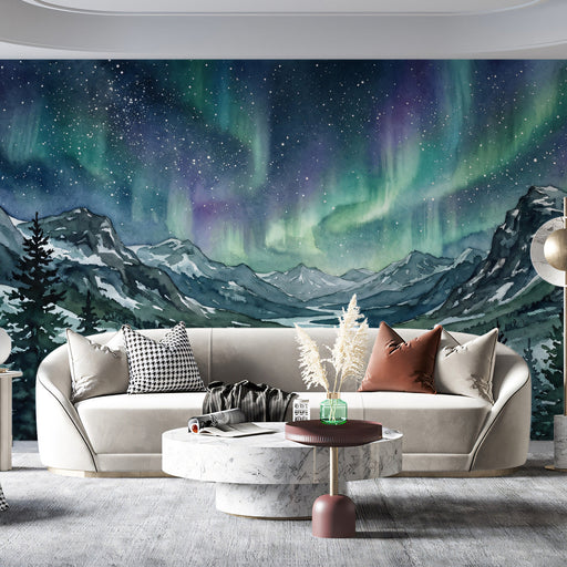 Living room featuring a landscape mural of the northern lights above a sofa