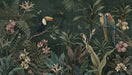 Tropical jungle mural with deep forest green background, toucans, macaws, and exotic flowers