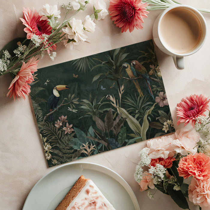 Tropical forest wall mural behind a dark wood desk in a home office