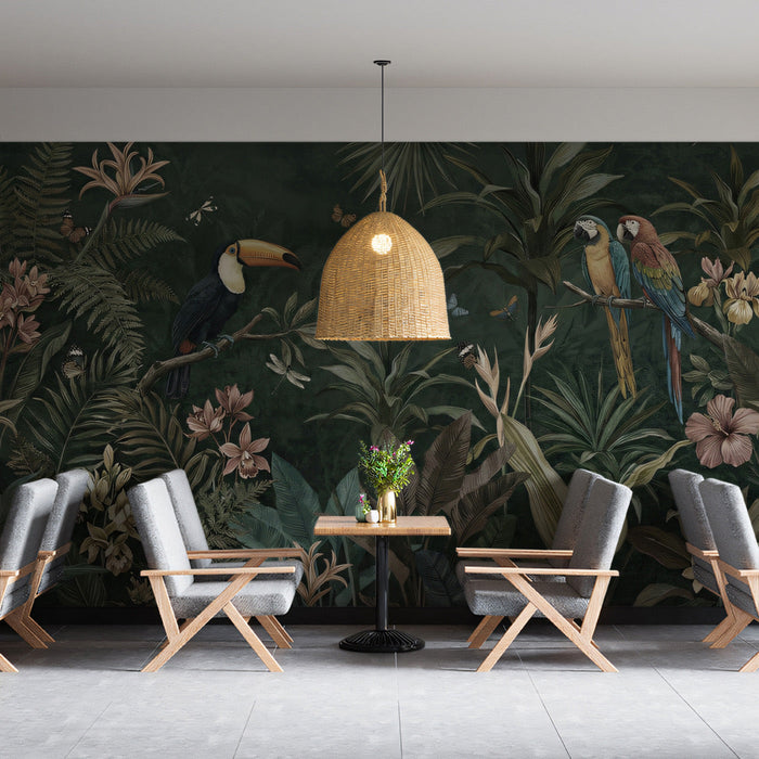 Jungle wallpaper mural installed in a moody and sophisticated living room