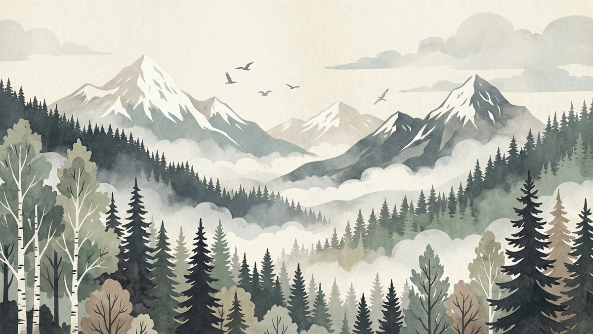Watercolor landscape mural featuring misty forest, evergreen trees, and distant snow-capped mountains in gray, green, and cream