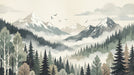 Watercolor landscape mural featuring misty forest, evergreen trees, and distant snow-capped mountains in gray, green, and cream