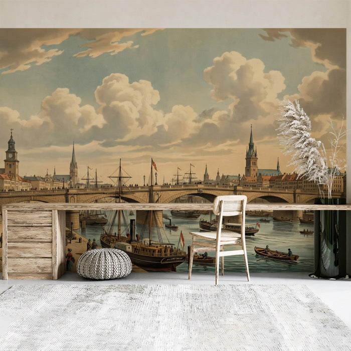 A bright and spacious entryway decorated with a detailed classic cityscape mural.