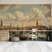 A bright and spacious entryway decorated with a detailed classic cityscape mural.