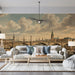 A cozy library room featuring a historical city harbor wallpaper as a sophisticated backdrop.