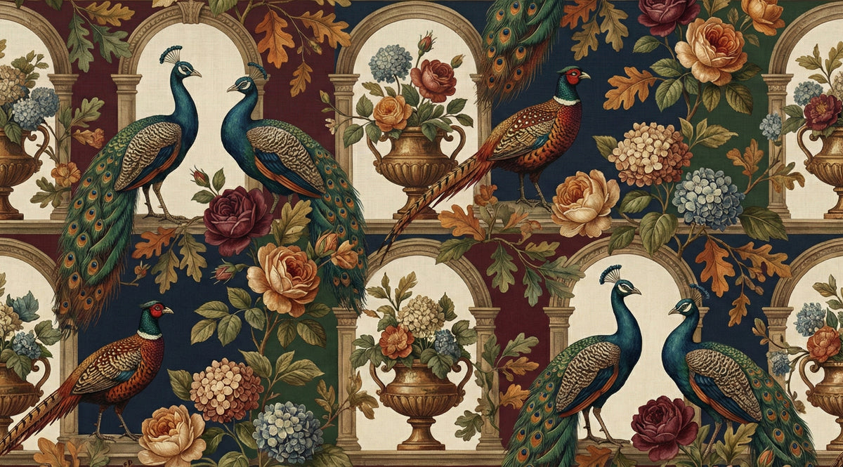 Ornate garden wallpaper featuring peacocks, pheasants, roses, and stone arches in navy, burgundy, and gold tones.