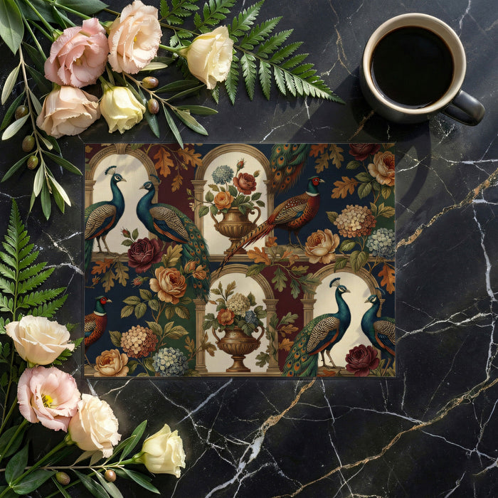 A cozy library or study room with dark wood shelving and an elaborate floral peacock mural wallpaper.