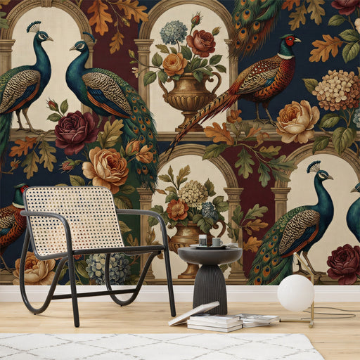 Traditional style living room featuring an intricate avian garden mural wall behind a cream velvet sofa.