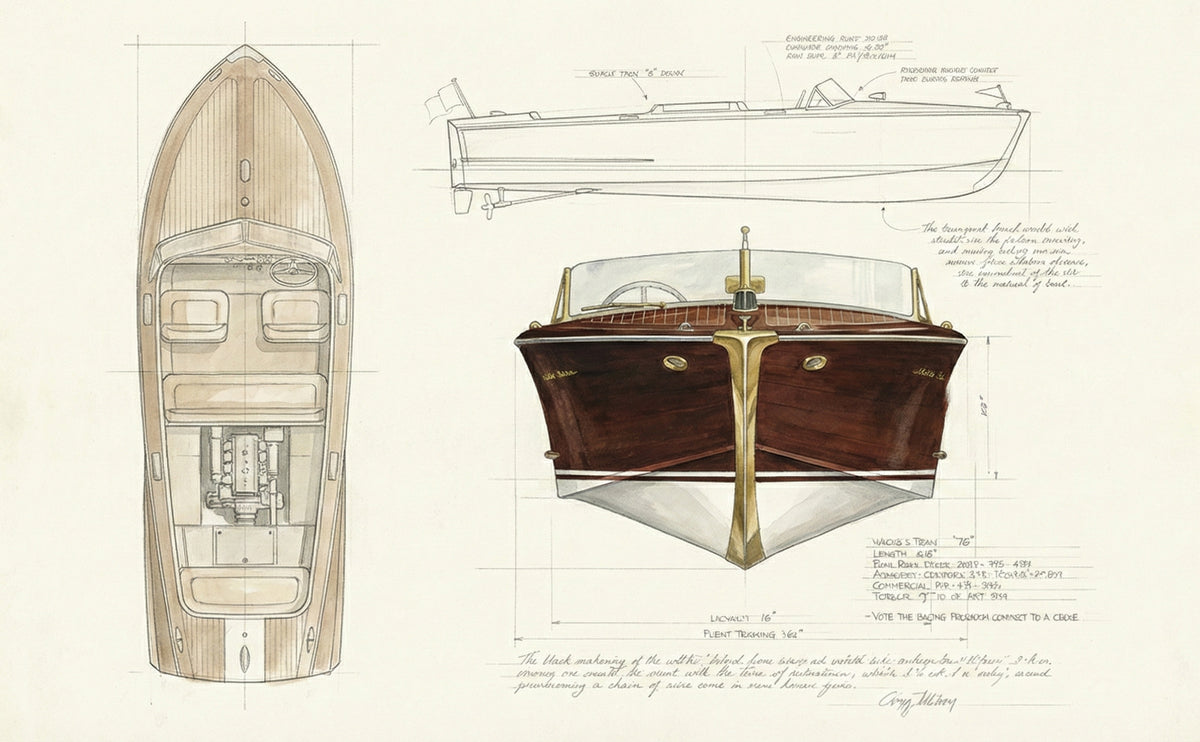 Vintage technical blueprint of a wooden mahogany speedboat with annotations
