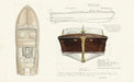 Vintage technical blueprint of a wooden mahogany speedboat with annotations