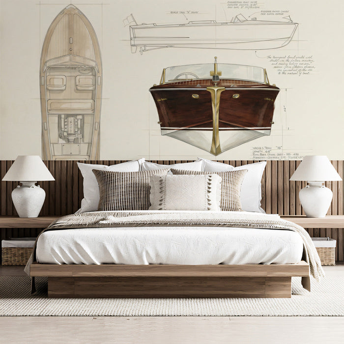 A sophisticated bedroom wall featuring an elegant wooden boat design mural