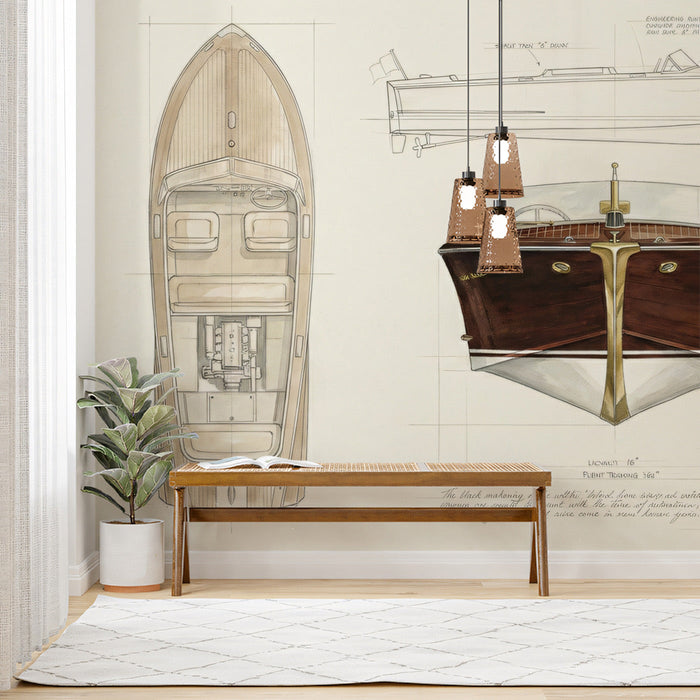 Close-up of a home office featuring the vintage boat blueprint wallpaper